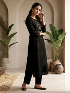 Janasya Black Straight Silk Blend Kurta & Bottom | Grocsy