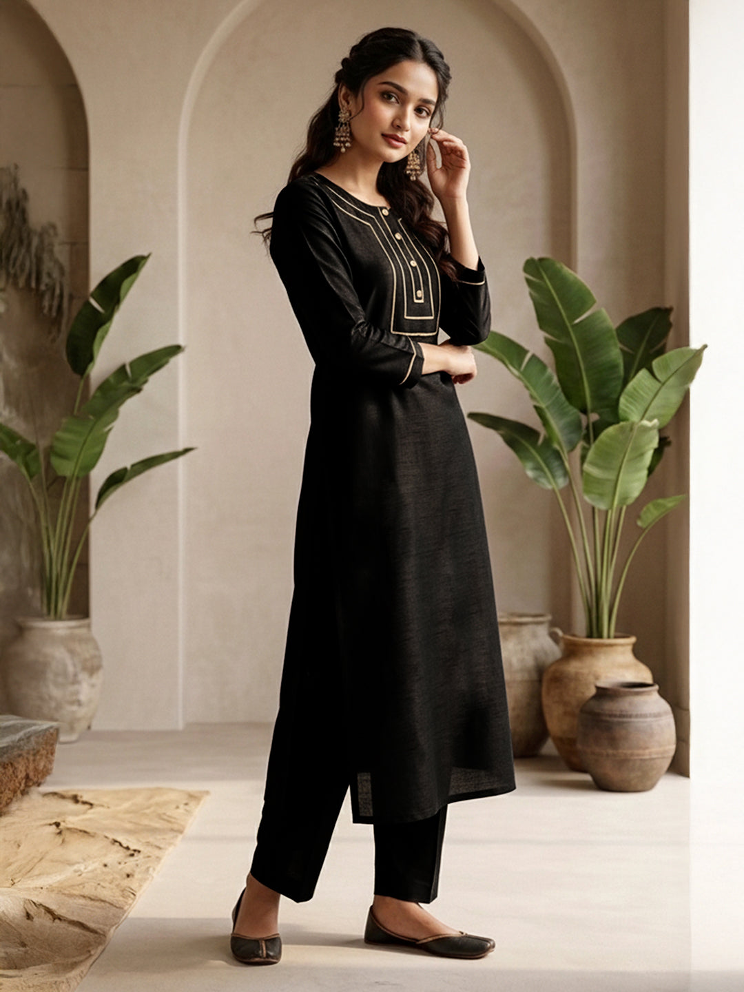 Janasya Black Straight Silk Blend Kurta & Bottom | Grocsy