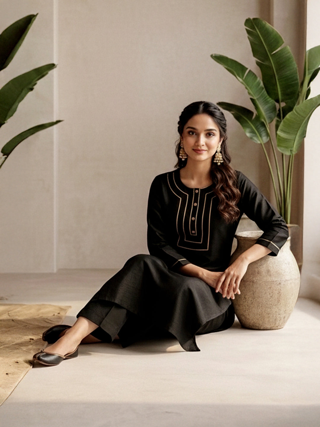 Janasya Black Straight Silk Blend Kurta & Bottom | Grocsy