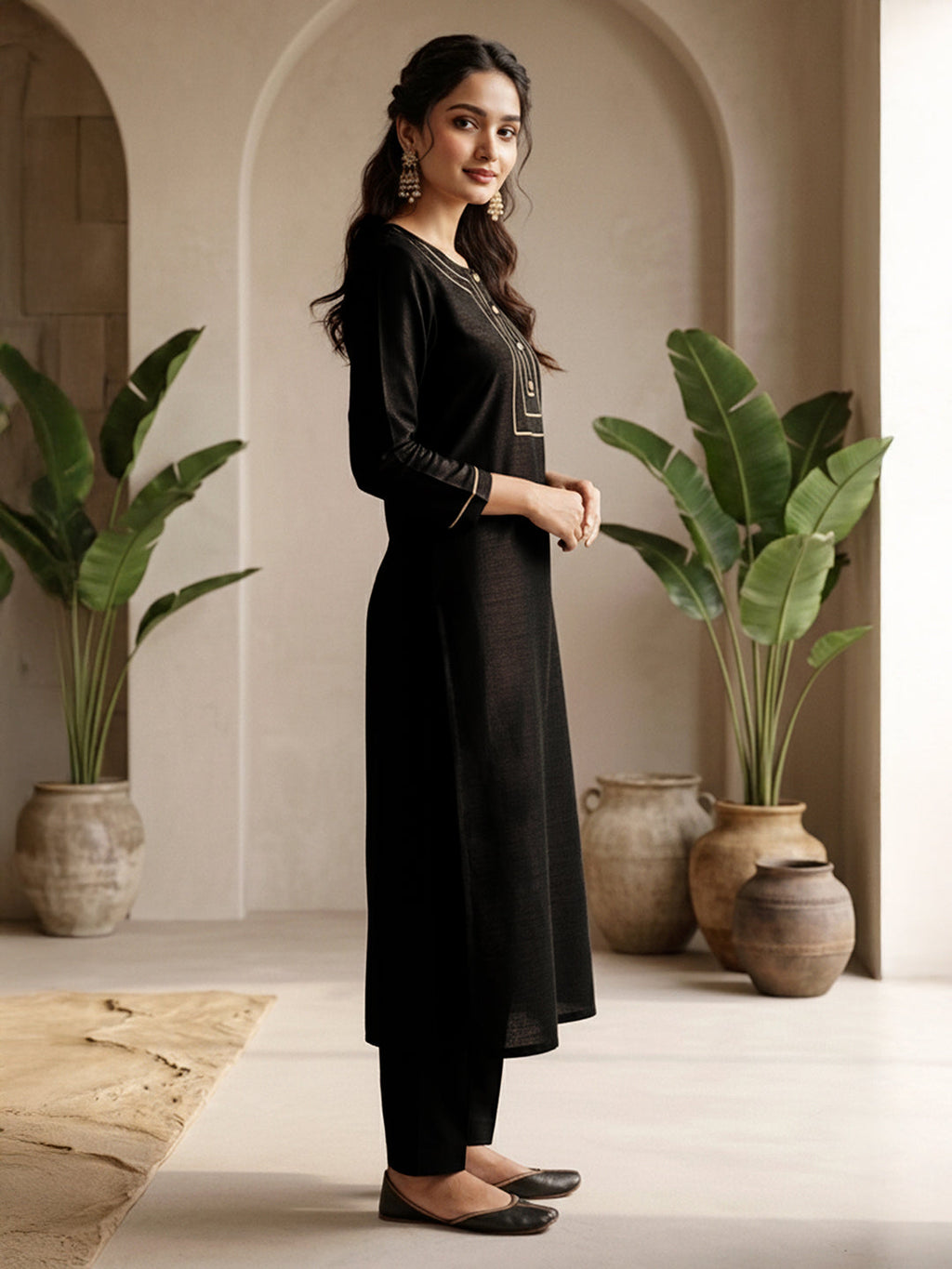Janasya Black Straight Silk Blend Kurta & Bottom | Grocsy