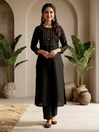 Janasya Black Straight Silk Blend Kurta & Bottom | Grocsy