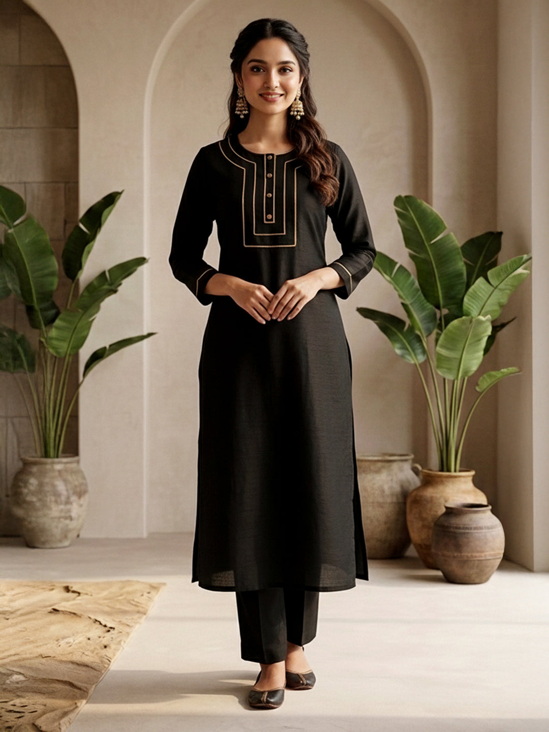 Janasya Black Straight Silk Blend Kurta & Bottom | Grocsy