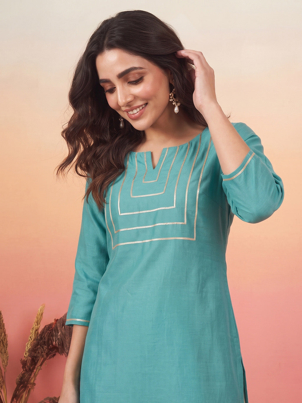 Janasya Aqua Straight Silk Blend Kurta | Grocsy