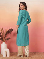 Janasya Aqua Straight Silk Blend Kurta | Grocsy
