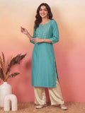 Janasya Aqua Straight Silk Blend Kurta | Grocsy