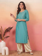 Janasya Aqua Straight Silk Blend Kurta | Grocsy