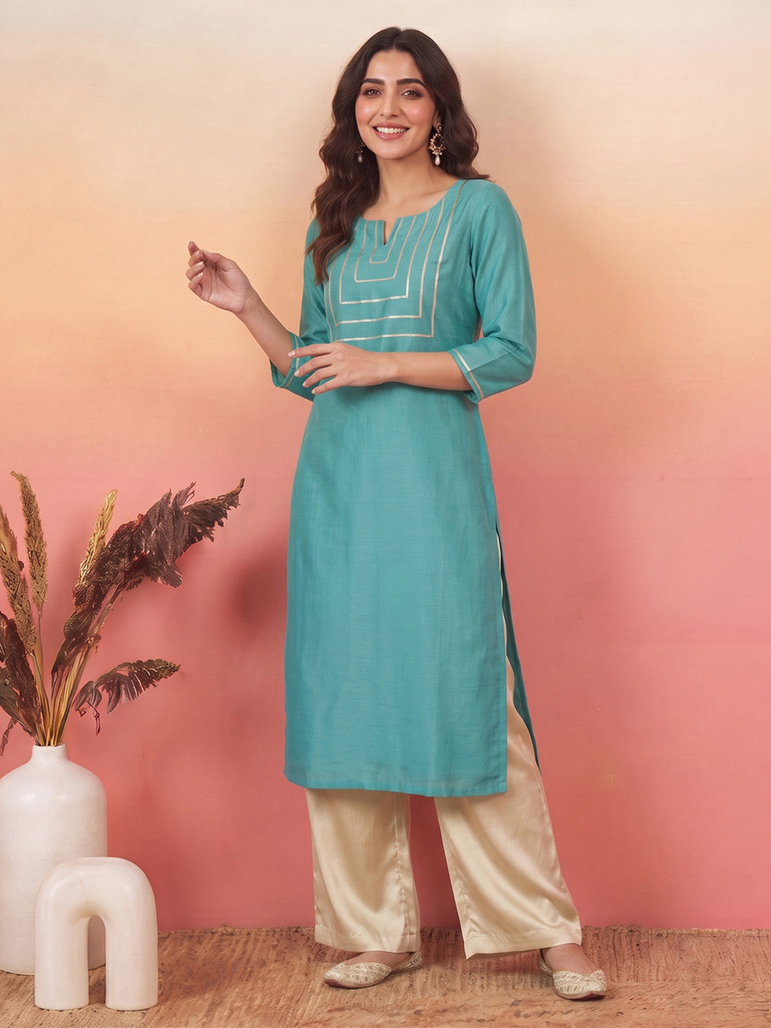 Janasya Aqua Straight Silk Blend Kurta | Grocsy