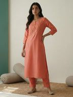 Janasya Peach Straight Silk Blend Kurta | Grocsy