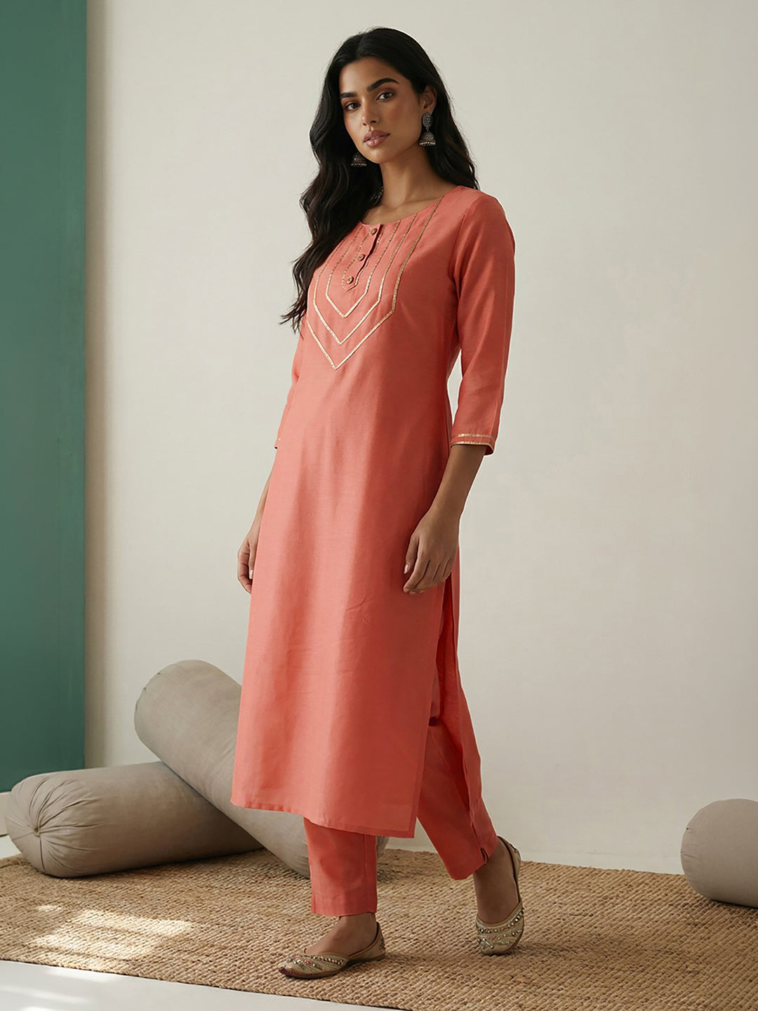 Janasya Peach Straight Silk Blend Kurta | Grocsy