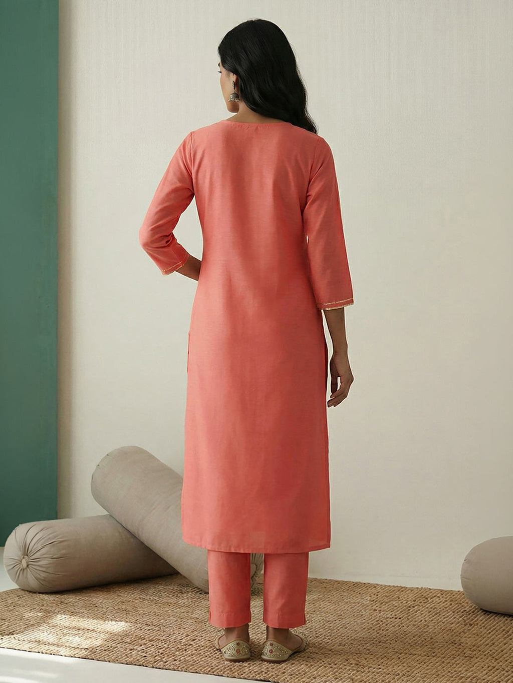 Janasya Peach Straight Silk Blend Kurta | Grocsy