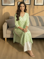 Janasya Mint Straight Silk Blend Kurta | Grocsy