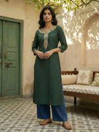 Janasya Dark Green Straight Silk Blend Kurta | Grocsy