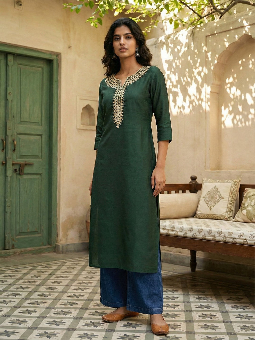 Janasya Dark Green Straight Silk Blend Kurta | Grocsy