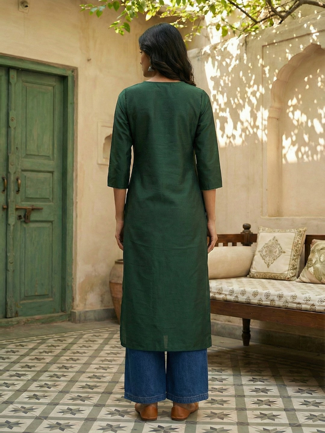 Janasya Dark Green Straight Silk Blend Kurta | Grocsy