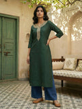 Janasya Dark Green Straight Silk Blend Kurta | Grocsy
