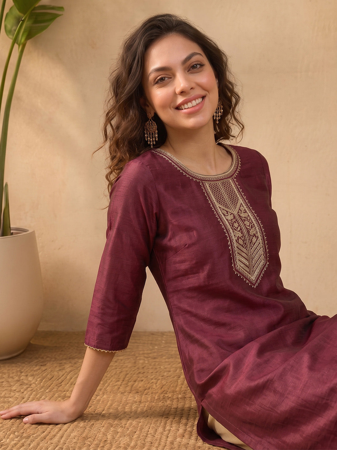 Janasya Wine Straight Silk Blend Kurta | Grocsy