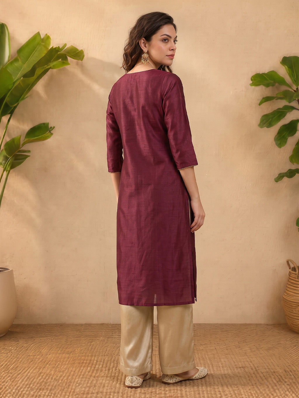Janasya Wine Straight Silk Blend Kurta | Grocsy