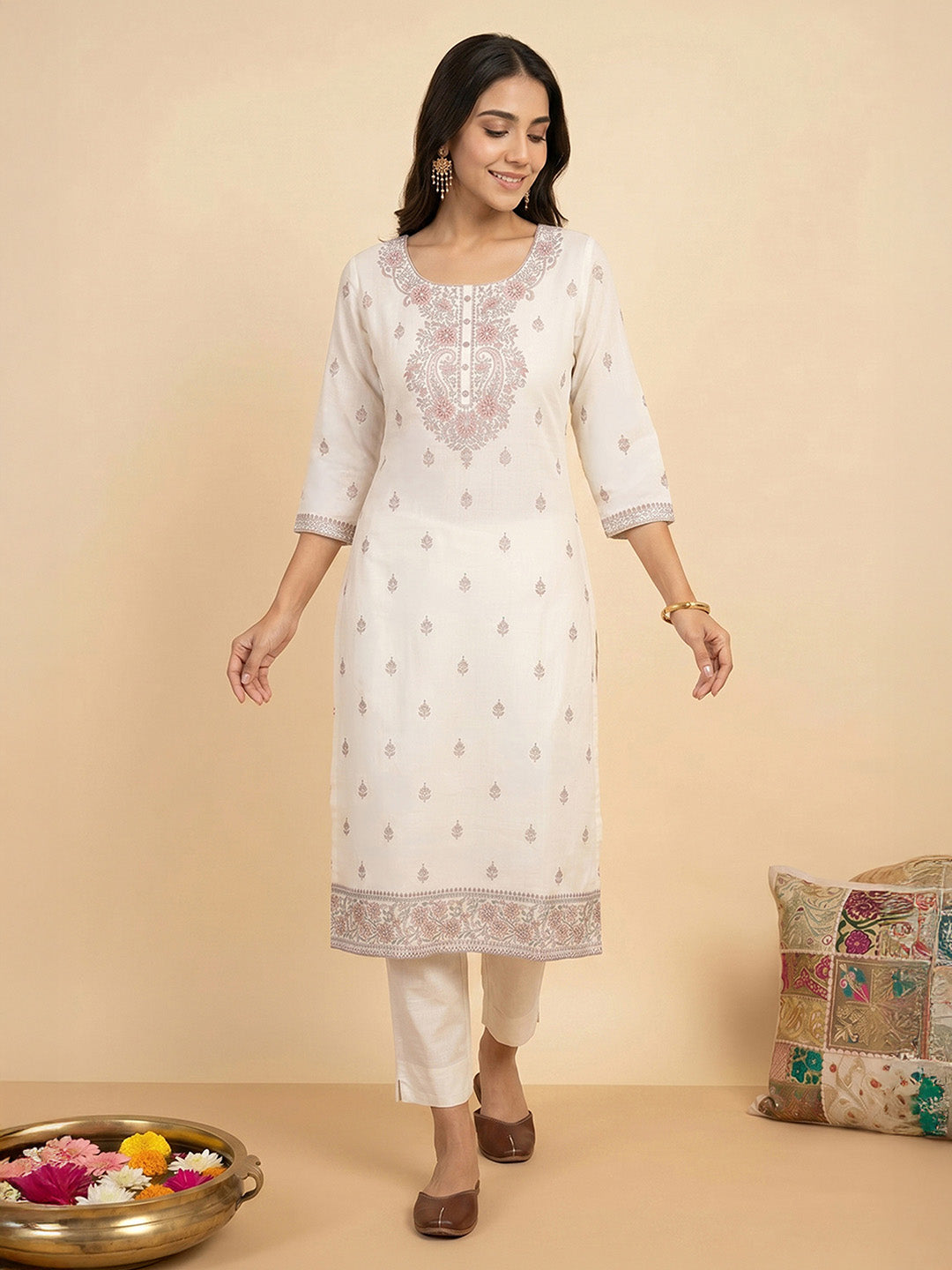 Janasya Off White Straight Cotton Kurta | Grocsy