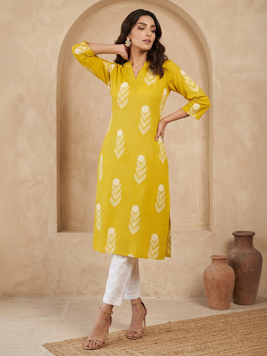 Janasya Lime Yellow Straight Cotton Kurta | Grocsy