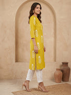 Janasya Lime Yellow Straight Cotton Kurta | Grocsy