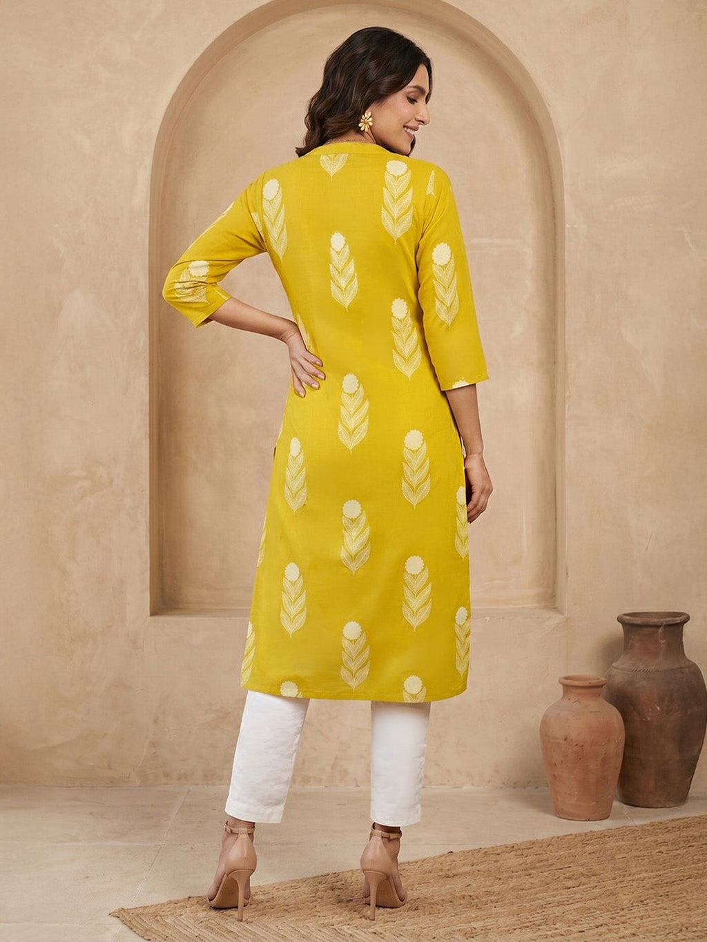 Janasya Lime Yellow Straight Cotton Kurta | Grocsy