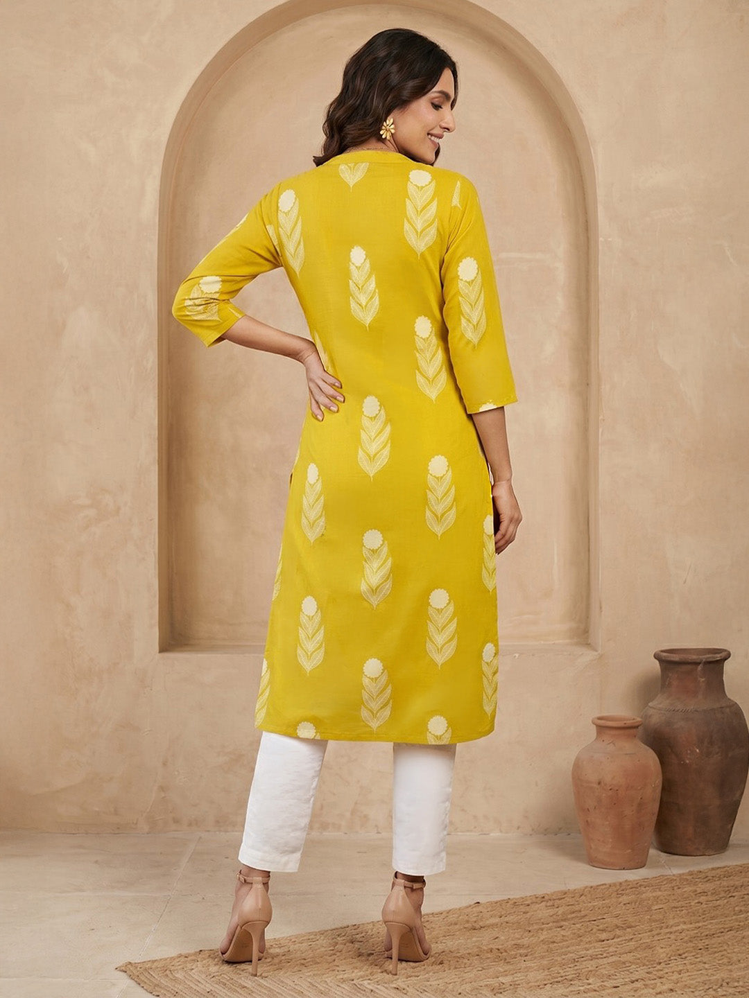 Janasya Lime Yellow Straight Cotton Kurta | Grocsy