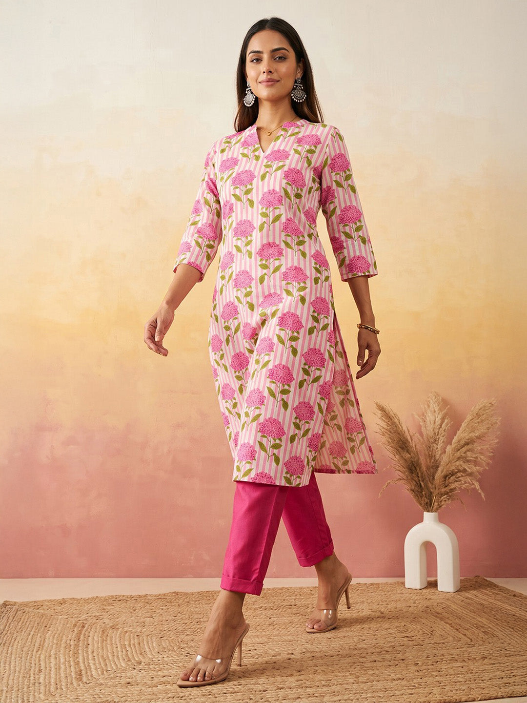 Janasya Pink Straight Cotton Kurta | Grocsy