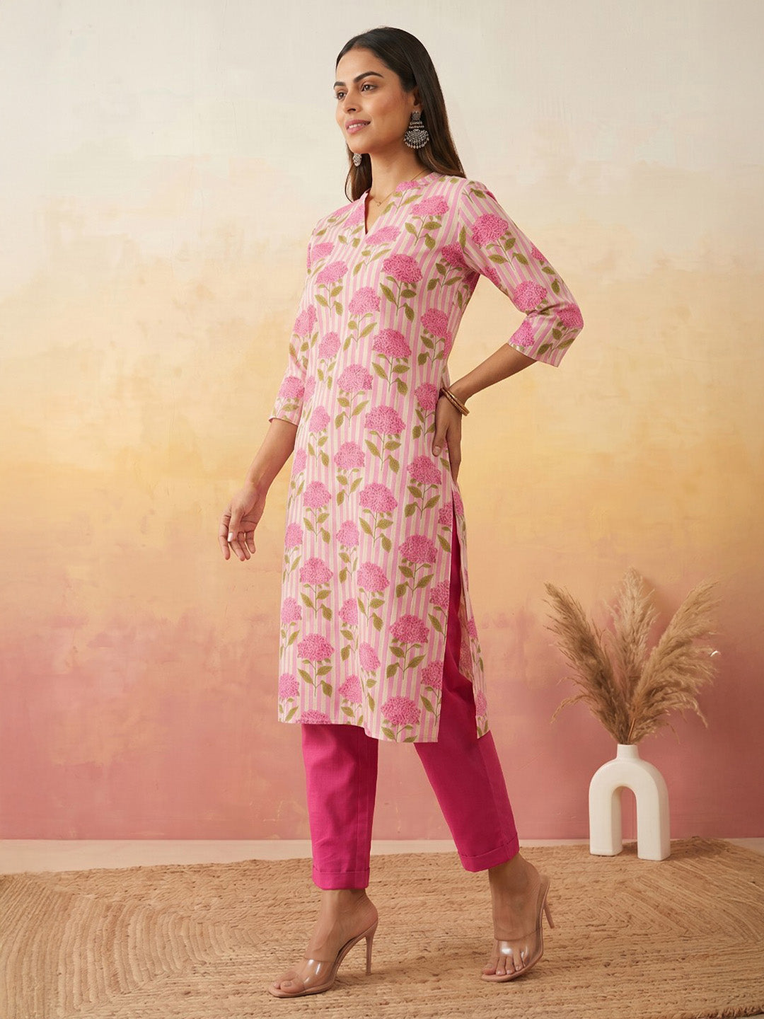 Janasya Pink Straight Cotton Kurta | Grocsy