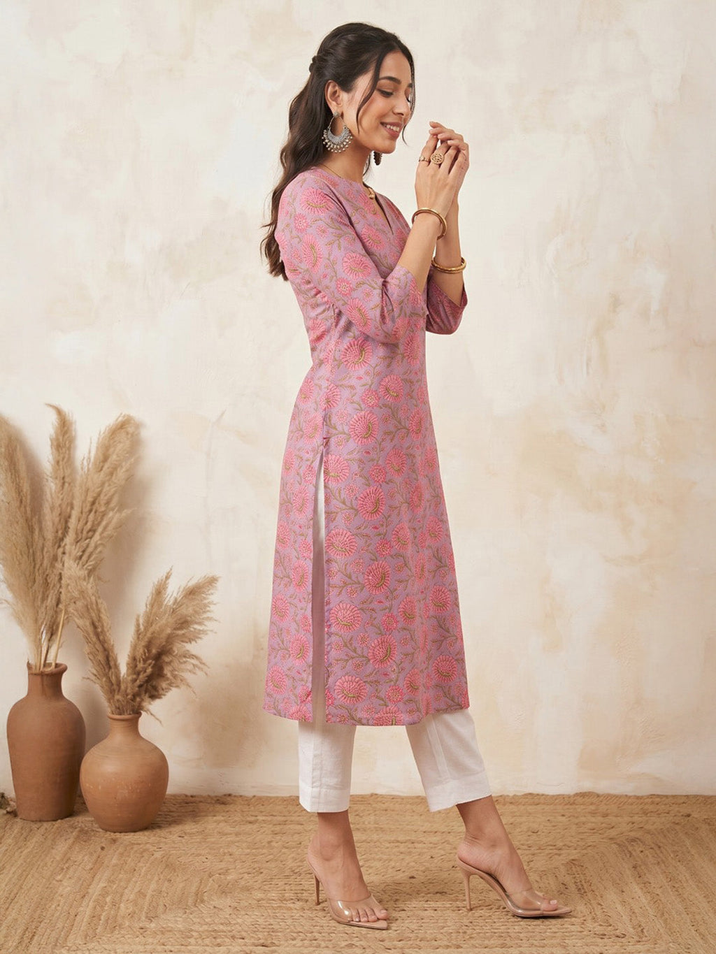 Janasya Lavender Straight Cotton Kurta | Grocsy