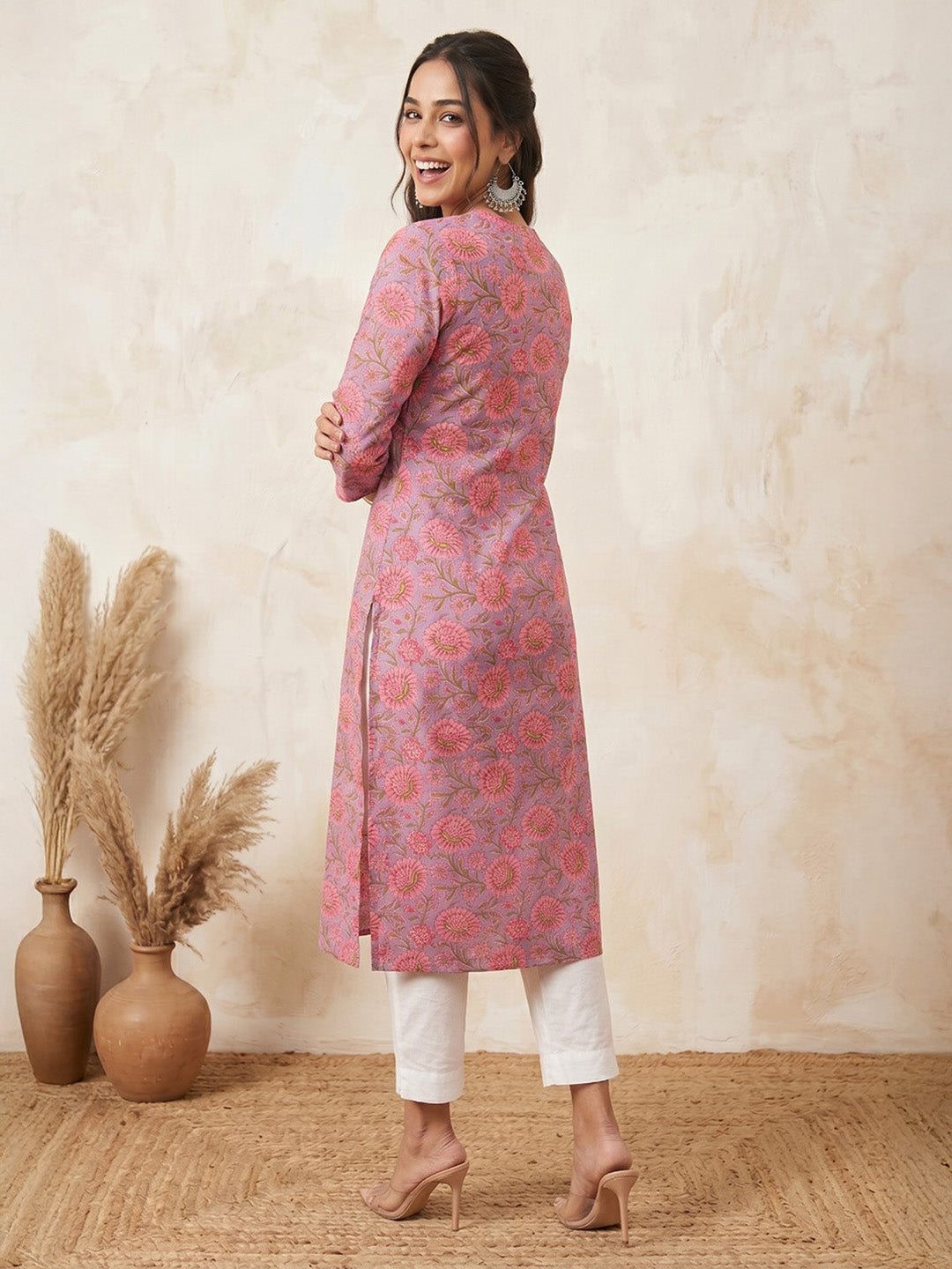 Janasya Lavender Straight Cotton Kurta | Grocsy