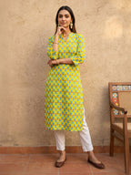 Janasya Lime Yellow Straight Cotton Kurta | Grocsy