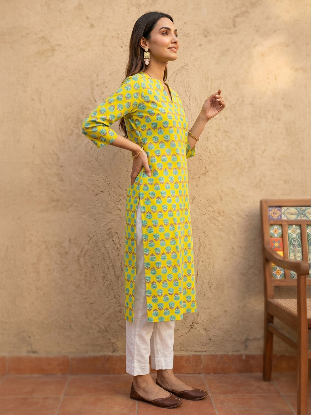 Janasya Lime Yellow Straight Cotton Kurta | Grocsy