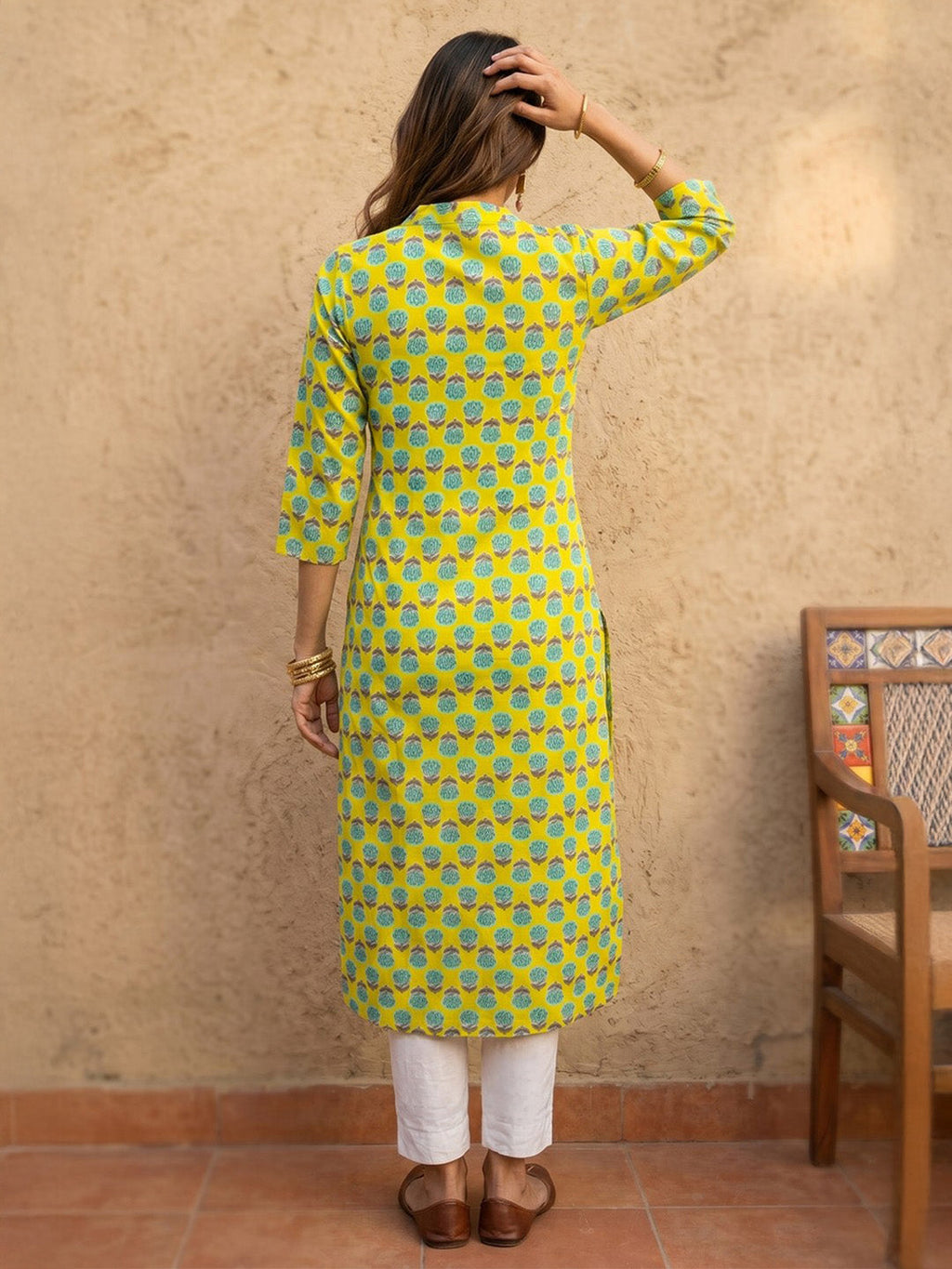 Janasya Lime Yellow Straight Cotton Kurta | Grocsy