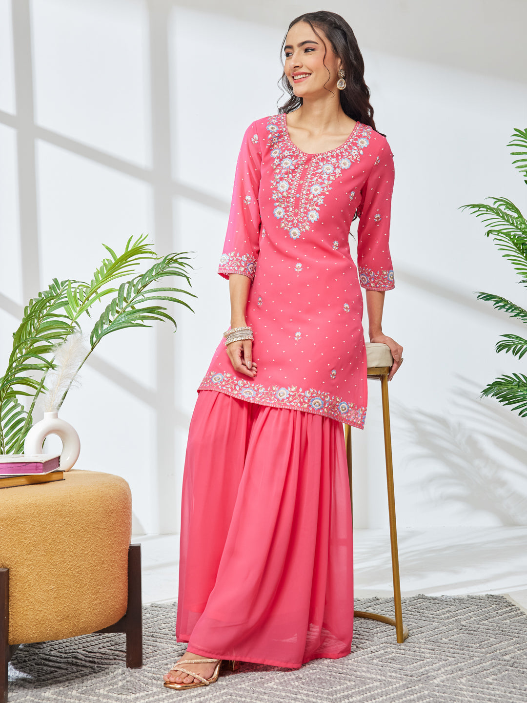 Janasya Pink Straight Georgette Kurta & Bottom | Grocsy