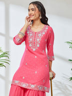 Janasya Pink Straight Georgette Kurta & Bottom | Grocsy