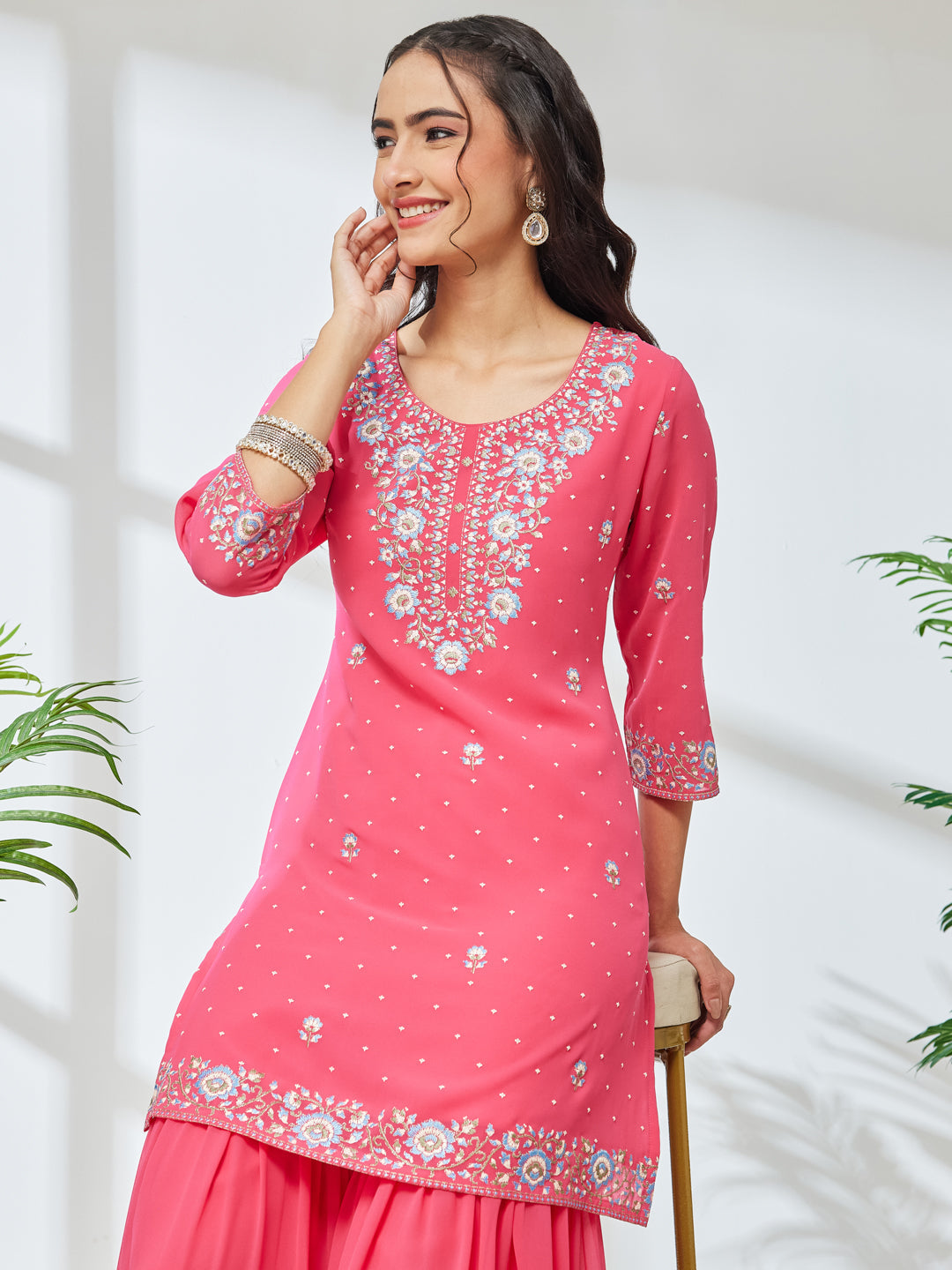 Janasya Pink Straight Georgette Kurta & Bottom | Grocsy