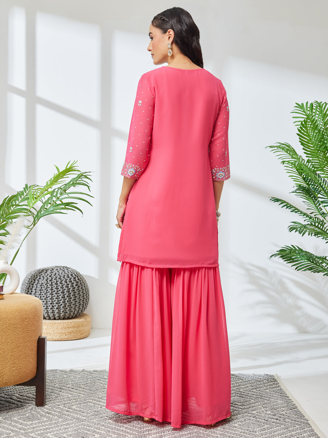 Janasya Pink Straight Georgette Kurta & Bottom | Grocsy