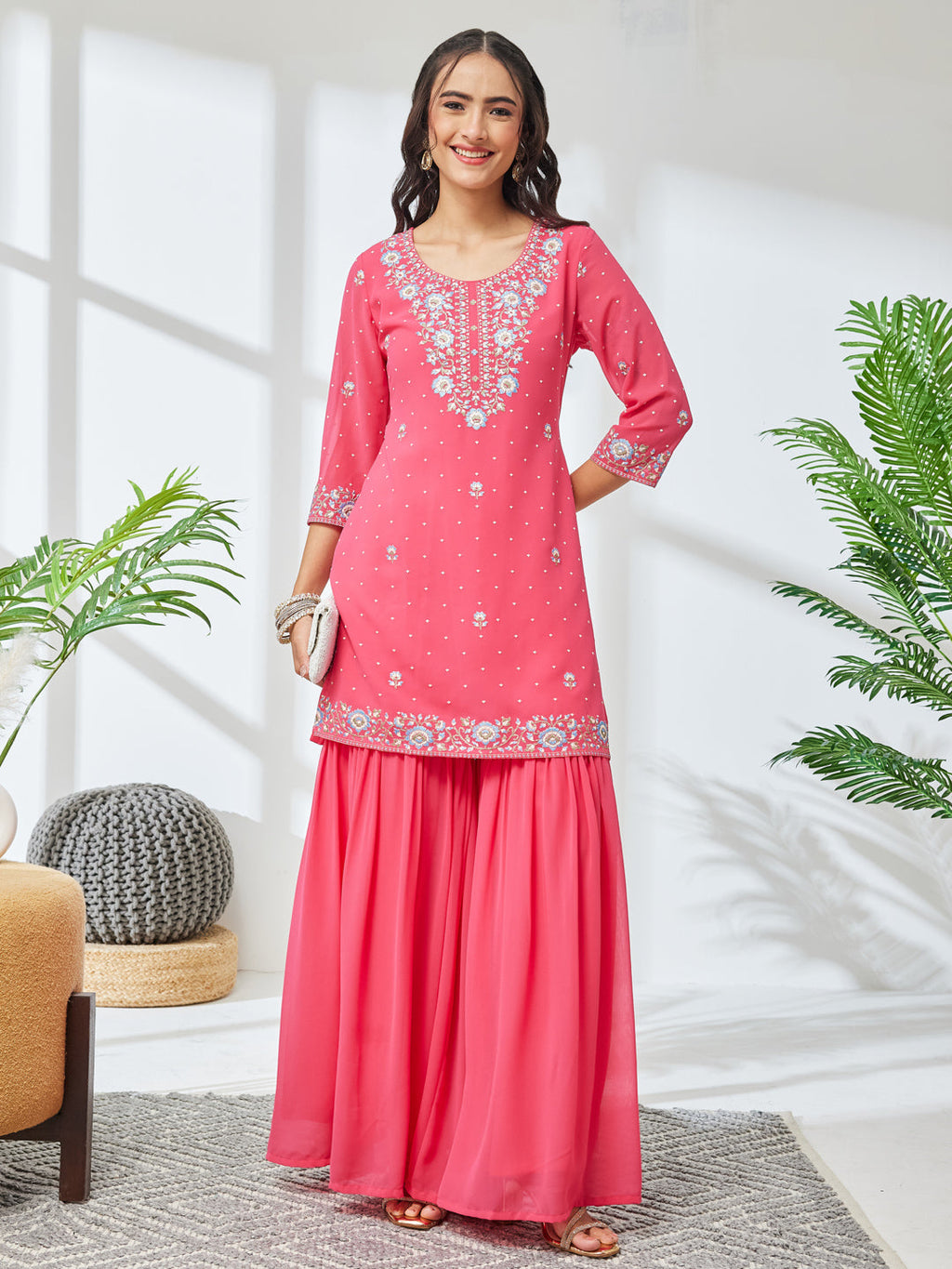 Janasya Pink Straight Georgette Kurta & Bottom | Grocsy