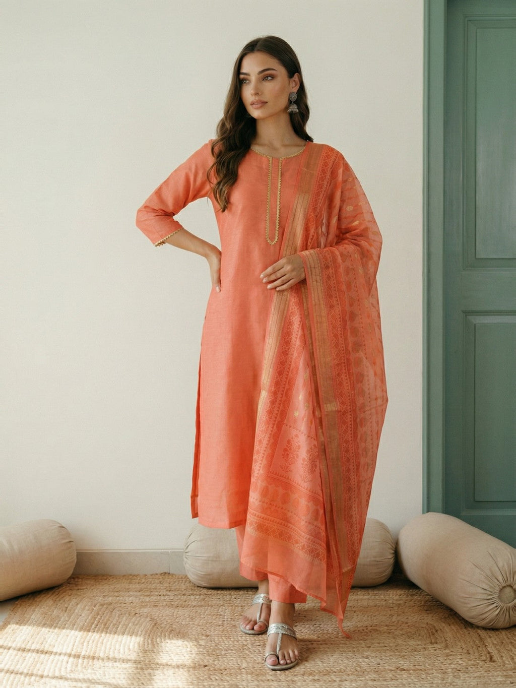Janasya Peach Straight Silk Blend Kurta,Bottom & Dupatta | Grocsy