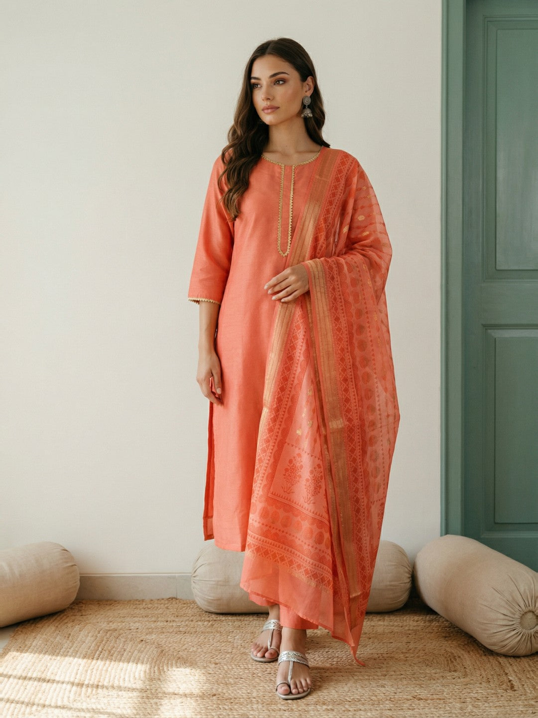 Janasya Peach Straight Silk Blend Kurta,Bottom & Dupatta | Grocsy