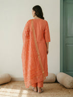 Janasya Peach Straight Silk Blend Kurta,Bottom & Dupatta | Grocsy