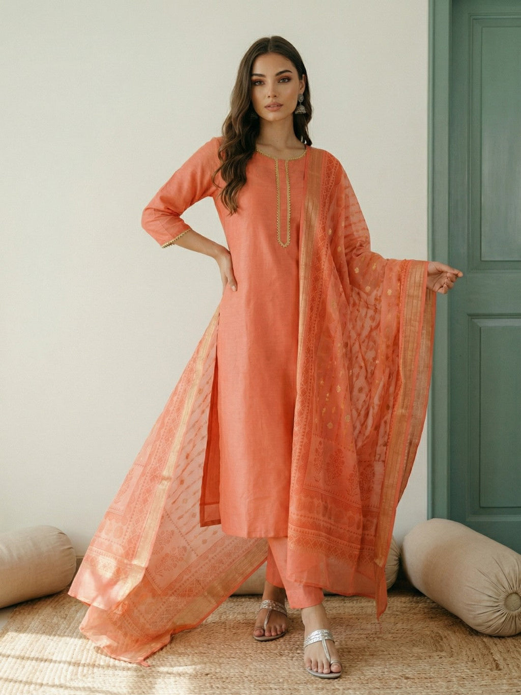 Janasya Peach Straight Silk Blend Kurta,Bottom & Dupatta | Grocsy