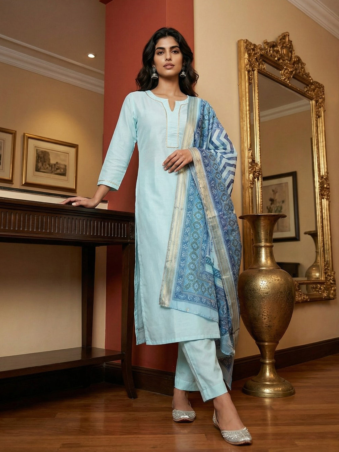 Janasya Light Blue Straight Silk Blend Kurta,Bottom & Dupatta | Grocsy