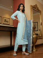 Janasya Light Blue Straight Silk Blend Kurta,Bottom & Dupatta | Grocsy