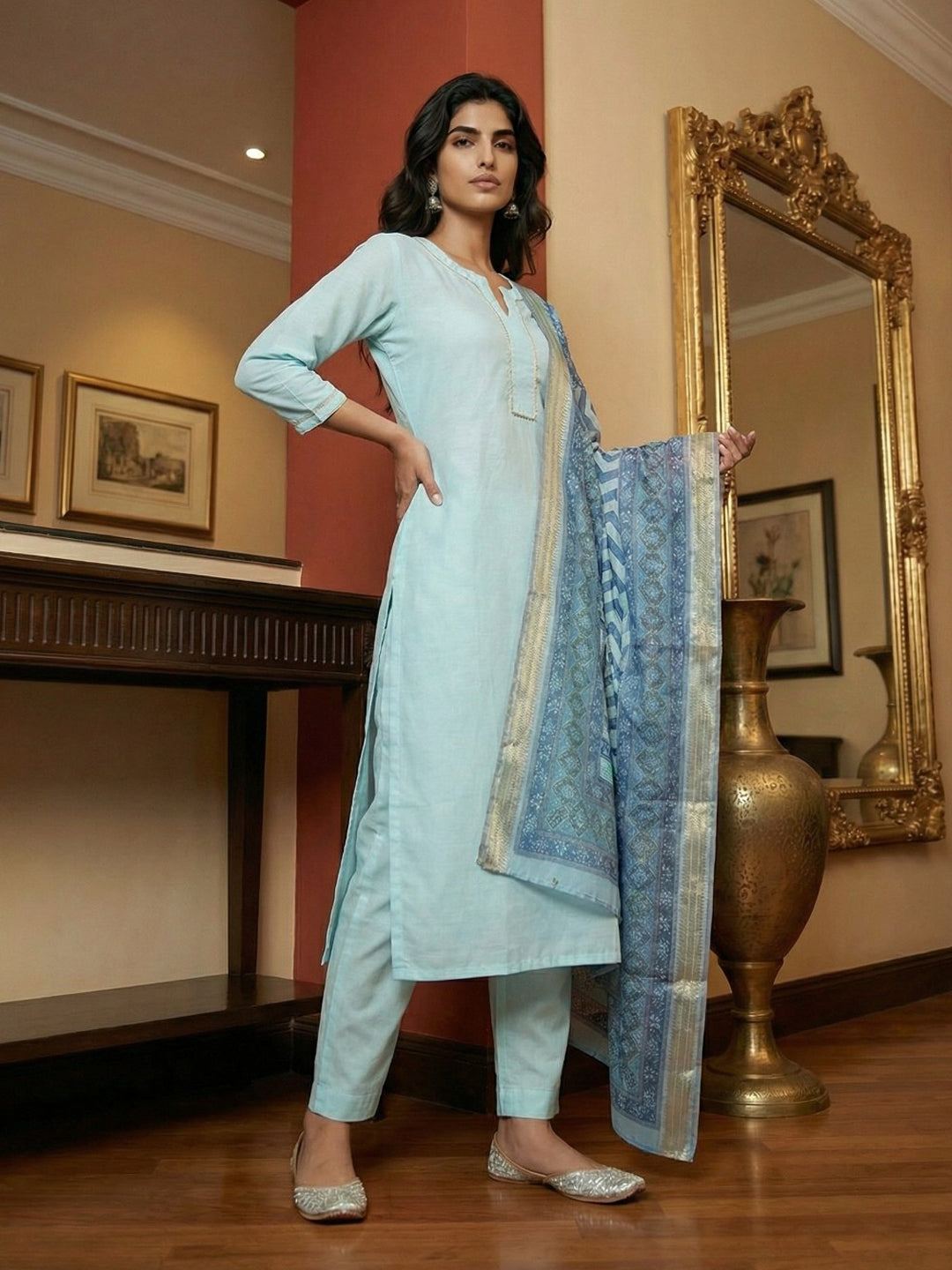 Janasya Light Blue Straight Silk Blend Kurta,Bottom & Dupatta | Grocsy