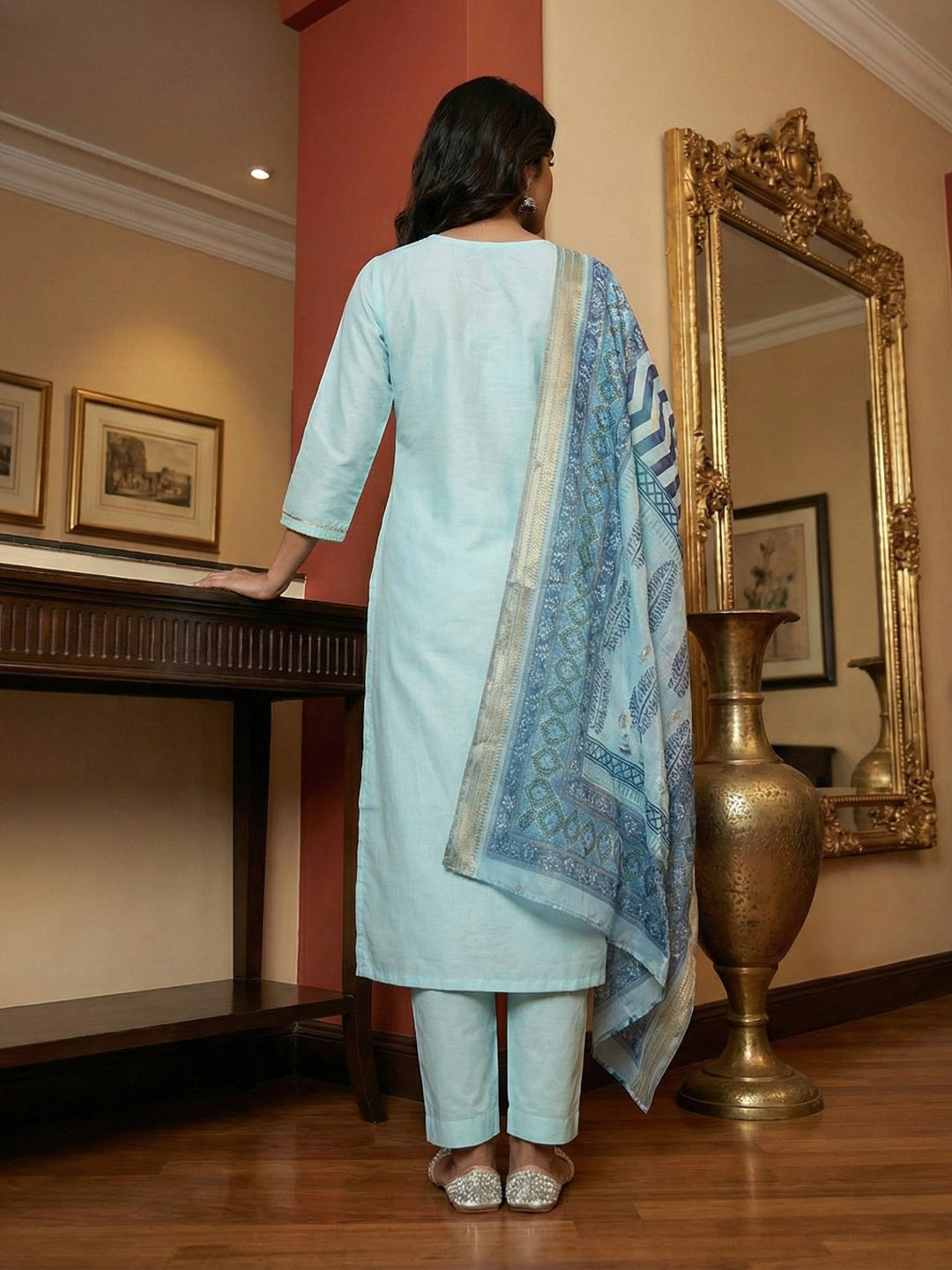 Janasya Light Blue Straight Silk Blend Kurta,Bottom & Dupatta | Grocsy
