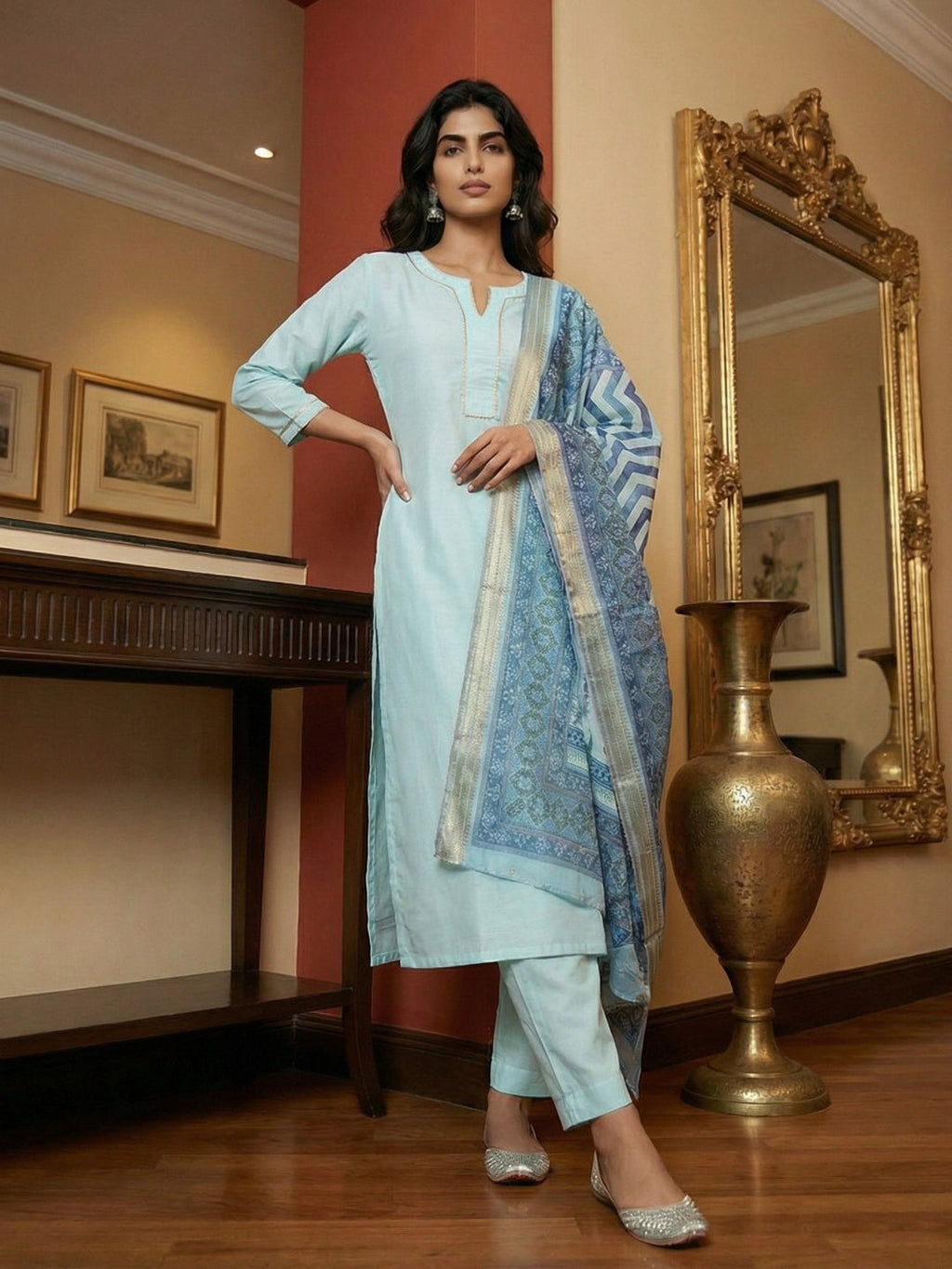Janasya Light Blue Straight Silk Blend Kurta,Bottom & Dupatta | Grocsy