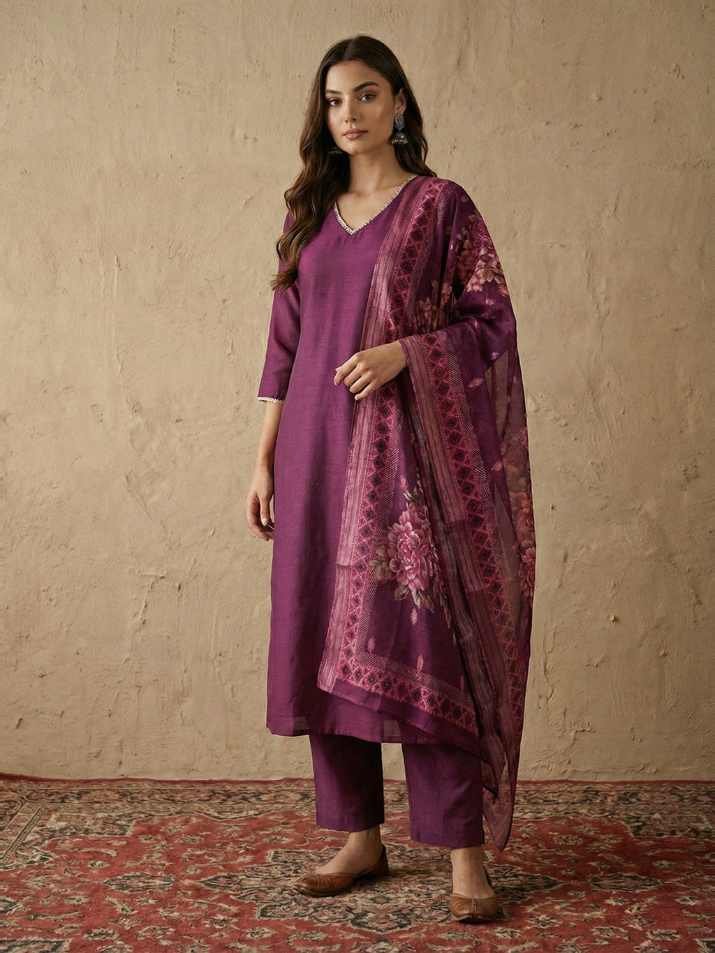 Janasya Wine Straight Silk Blend Kurta,Bottom & Dupatta | Grocsy