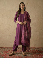 Janasya Wine Straight Silk Blend Kurta,Bottom & Dupatta | Grocsy