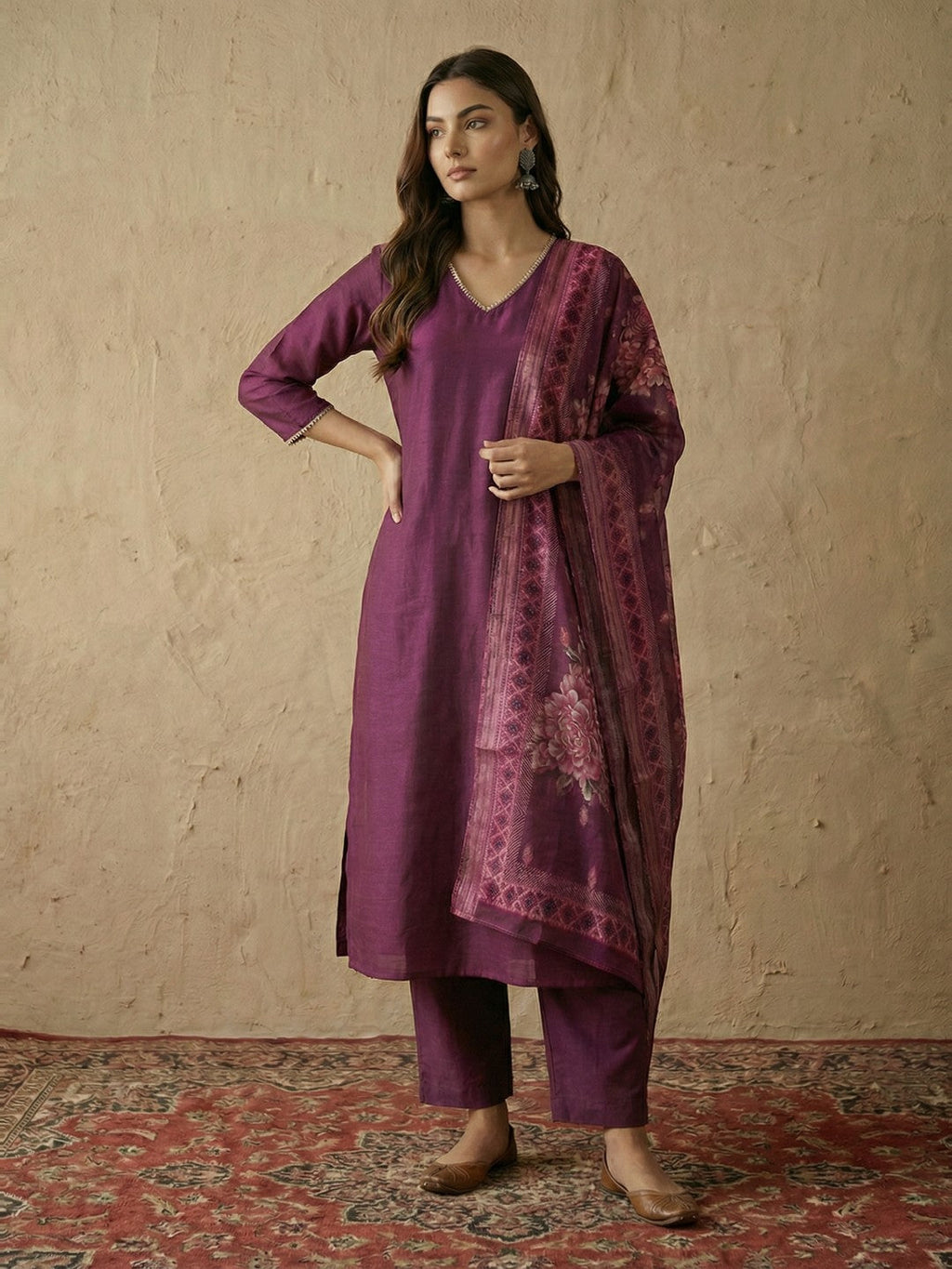 Janasya Wine Straight Silk Blend Kurta,Bottom & Dupatta | Grocsy